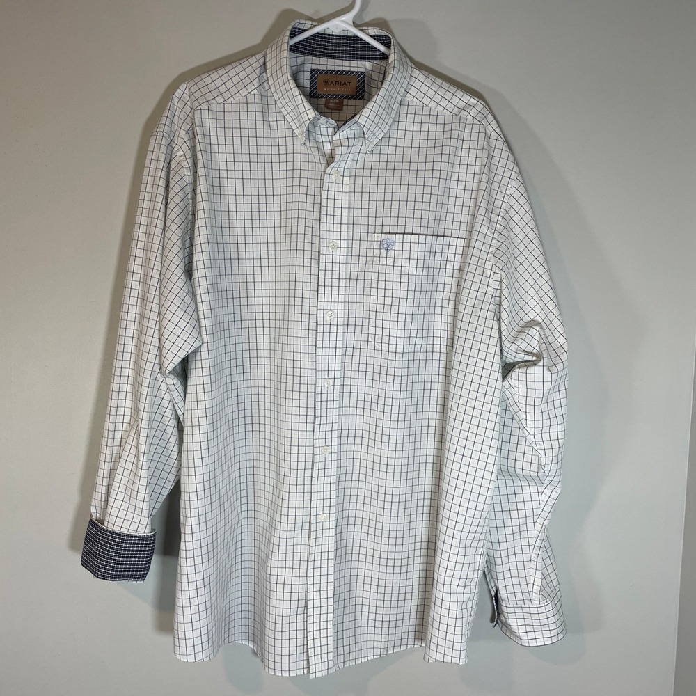 Ariat Mens XL Wrinkle-Free Button Down Shirt White Blue Grid Western Cotton